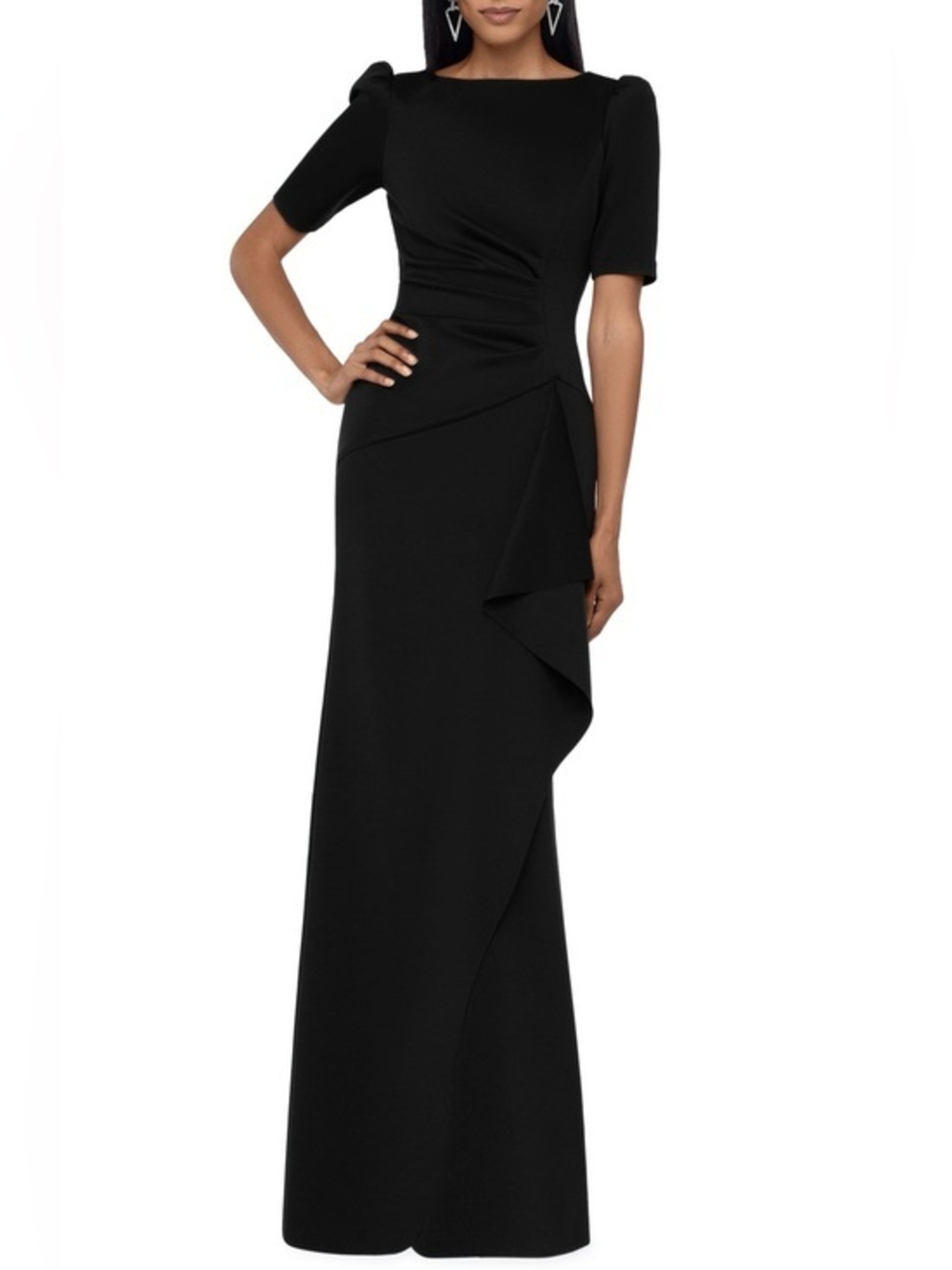 Xscape Ruffle Puff Sleeve Gown Elegant Black with Draped Detail Sz: 4